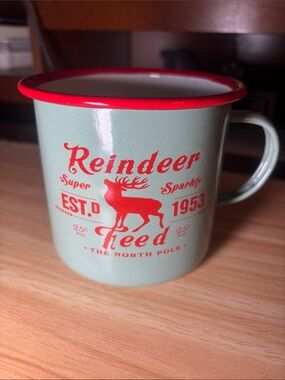 Creative Co-Op Sage Green Enamel Mug with Red Trim and Reindeer Graphic